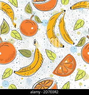 Nahtlose Muster mit Orangen und Bananen. Im skandinavischen Stil. Vector Illustration Stock Vektor