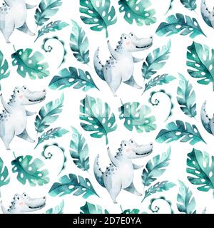 Nahtlose Cartoon Krokodile Muster. Aquarell Tropic african Illustration mit Aquarell-Alligatoren und Afrika-Palmen. Tropisches Blatt Stoff Stockfoto