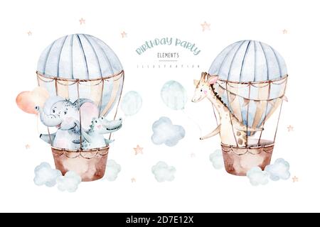 Nette Cartoon Luftballons Geburtstagsfeier Baby Elefant, Krokodil nand Giraffe Illustrationen. Handgezeichnete Baby Dusche Luftballon. Kinder Kinderzimmer tragen Stockfoto