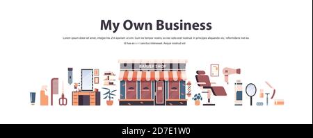 Set Werkzeuge und Zubehör Rasur und Friseur Ausrüstungen barbershop Konzept Horizontaler Kopierbereich isolierte Vektordarstellung Stock Vektor