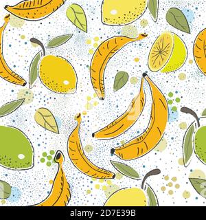 Nahtlose Muster mit Bananen und Birnen. Skandinavischer Hand gezeichneten Stil. Vector Illustration Stock Vektor