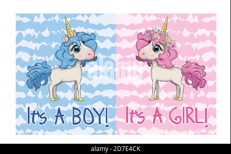 Baby Dusche Grußkarte mit niedlichen Cartoon Einhorn Mädchen und Junge Stock Vektor