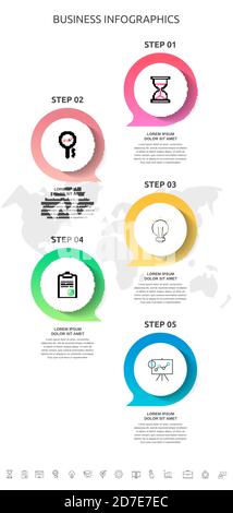 5 Schritte Infografiken mit Dialogen und Diagrammen. Vektorkreise Vorlage fünf Teile für Diagramm, Geschäft, Web, Banner, Workflow-Layout verwendet Stock Vektor