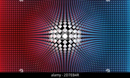 Helle weiße geometrische Form in der Mitte eines blauen und roten Musters. Zentraler Punkt, abstraktes Konzept. Digitales 3D-Rendern. Stockfoto