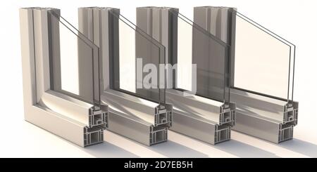 Aluminium-Profilrahmen Doppelverglasung isoliert auf weißem Hintergrund. Fenster und Türen in silberner Farbe aus PVC-Metall haben einen Querschnitt. 3D-Illustration Stockfoto