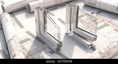 Aluminiumrahmen offen und geschlossen auf Blaupause Hintergrund. PVC-Metall silberfarben Fenster und Türen Profil Detail Querschnitt. 3D-Illustration Stockfoto