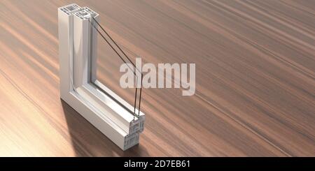 Aluminium-Profilrahmen Doppelverglasung Probe auf Holzboden Hintergrund. Querschnitt der Fenster und Türen in Whiteolor. 3D-Illustration Stockfoto