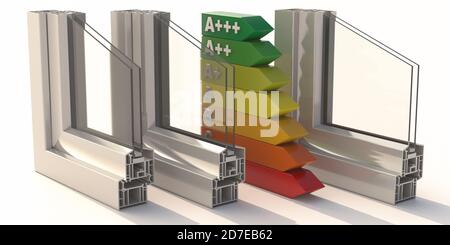 Energieeffiziente Aluminium-Profilrahmen Doppelverglasung isoliert auf weißem Hintergrund. Fenster und Türen Detail Querschnitt. 3D-Illustration Stockfoto