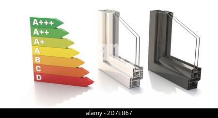 Energieeffiziente Aluminium-Profilrahmen Doppelverglasung isoliert auf weißem Hintergrund. Fenster und Türen Detail Querschnitt. 3D-Illustration Stockfoto