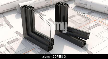 Aluminium-Profilrahmen offen und geschlossen auf Blaupause Hintergrund. Fenster und Türen in silberner Farbe aus PVC-Metall haben einen Querschnitt. 3D-Illustration Stockfoto