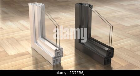 Aluminium-Profilrahmen Doppelverglasung Proben auf Holzboden Hintergrund. Querschnitt durch Fenster- und Türdetails in Weiß und Schwarz. 3D-Illustration Stockfoto