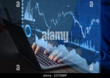 Handel an der Börse und Anlagestrategie für die Finanz Assets mit Person, die Online-Software zur Analyse von Preisstatistiken verwendet Und Handel Stockfoto