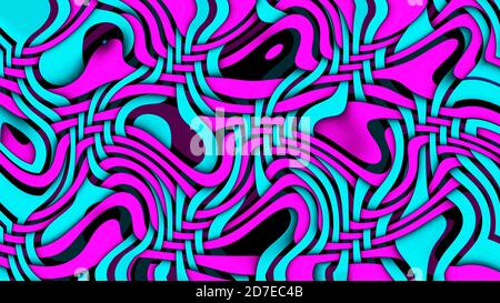 Heller mehrfarbiger gekrümmter Linienhintergrund. Glänzendes Neon-Wellenmuster. Abstrakte psychedelische Illustration. Breitformat, 3d-Rendering Stockfoto