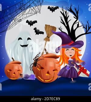 Figuren Halloween Kürbis, Spinnennetz, Fledermäuse, Broomstick, Spinne und kleine Hexe mit einem Hut. Fröhliche Charaktere unter dem Mondlicht, Happy Halloween. Vektorgrafik. Stock Vektor