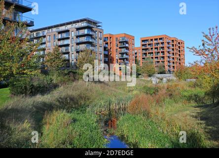 Neue Wohnblocks überblicken den Cator Park im Kidbrooke Village, einem riesigen neuen Wohngebiet im Londoner Stadtteil Greenwich, Großbritannien. Stockfoto