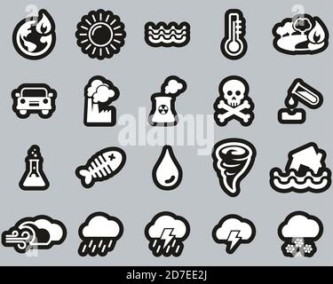 Global Warming Icons Weiß Auf Schwarz Sticker Set Groß Stock Vektor