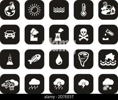 Global Warming Icons Weiß auf Schwarz Flat Design Set Groß Stock Vektor