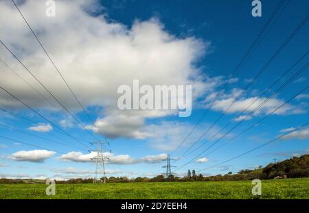 Der Strom wird über Felder und Ackerland durch Südwales durch hohe Pylone mit Überkopfkabeln transportiert Stockfoto