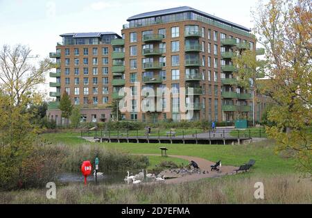 Maltby House, ein neuer Apartmentblock mit Blick auf den Sutcliffe Park im Kidbrooke Village, einem riesigen neuen Wohngebiet in Greenwich, London, Großbritannien. Stockfoto