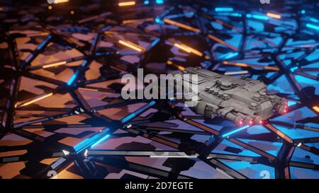 Raumschiff fliegt zur Raumstation sci-Fi Hintergrund. Futuristische Technologie Raumschiff fliegen im Weltraum. 3D-Rendering-Bild Stockfoto