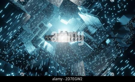 Raumschiff fliegt zur Raumstation sci-Fi Hintergrund. Futuristische Technologie Raumschiff fliegen auf Alien Kolonie Weltraum. 3D-Rendering-Bild Stockfoto