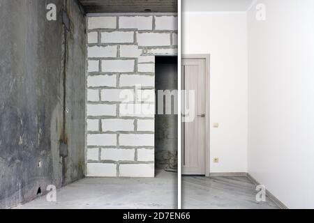 Vor und nach der Renovierung in neuen Wohnungen. Leeres Zimmer mit Betonwänden ohne Fertigstellung und die Wohnung ist renoviert. Stockfoto