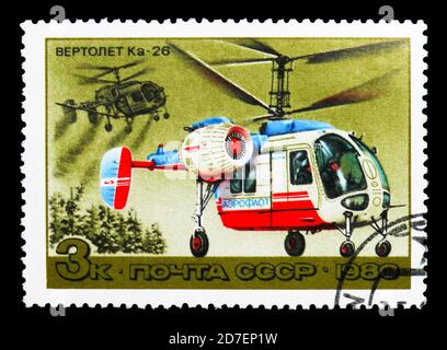 MOSKAU, RUSSLAND - 31. MÄRZ 2018: Eine in UdSSR (Russland) gedruckte Briefmarke zeigt Ka-26, Helicopters Serie, um 1980 Stockfoto