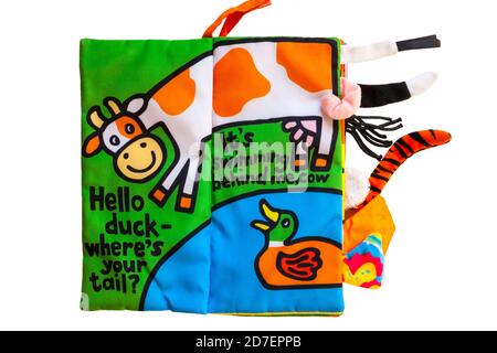 Young child's Farm Tails Stoffbuch auf weißem Hintergrund gesetzt Stockfoto