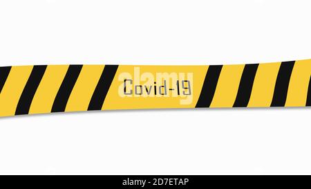 Aufschrift Covid-19 auf einem schwarzen und gelben Streifen. Objekt auf weißem Hintergrund. 3D-Rendering Stockfoto