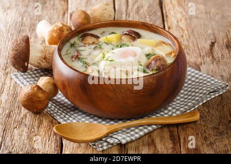 Südliche Bohemian Potato Pilzsuppe Kulajda Nahaufnahme in einer Schüssel auf dem Tisch. Horizontal Stockfoto