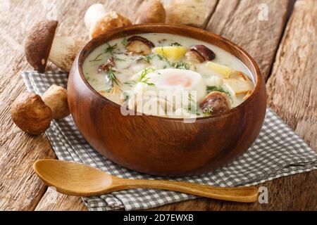 Tschechische Kulajda cremige Pilzsuppe Nahaufnahme in einer Schüssel auf dem Tisch. Horizontal Stockfoto