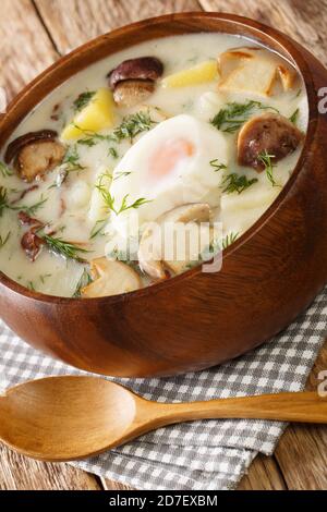 Tschechische hausgemachte Kulajda-Suppe mit Kartoffeln, Wildpilzen, Ei und Dill close-up in einer Schüssel auf dem Tisch. Vertikal Stockfoto