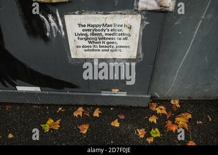 London, Großbritannien, 14th. Okt. 2020. "Der Happy man Tree ist jedermanns Ältester", heißt es auf einem Plakat in Woodberry Grove, London, Großbritannien. Der geplante Abschlag des majestätischen 150 Jahre alten 'Happy man Tree' löste zwischen Mai und August 2020 Straßenproteste und die physische Besetzung des Baumes aus. Trotz einer gerichtlichen Entscheidung wurde der Baum am 22nd. Oktober 2020 zum Woodland Trust Tree of the Year. Während der Rat argumentiert, dass ‘Aktivisten nur für einen Baum und nichts anderes kümmern.’ Die Bewohner sind der Ansicht, dass sie alle beide verdienen, "Bäume und Häuser". Sabrina Merolla/Alamy Stockfoto