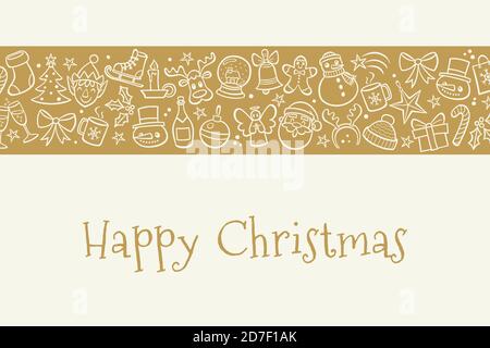 Weihnachtskarte. Goldenes Banner mit handgezeichneten weißen Umrisselementen. Vektorgrafik. Stock Vektor