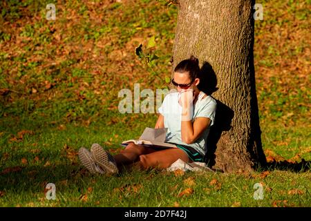 Frederick, MD, USA 10/14/2020: Eine junge kaukasische Frau mit einem kurzen T-Shirt sitzt allein unter einem Baum im Park und liest ein Buch auf einem sonnigen A Stockfoto