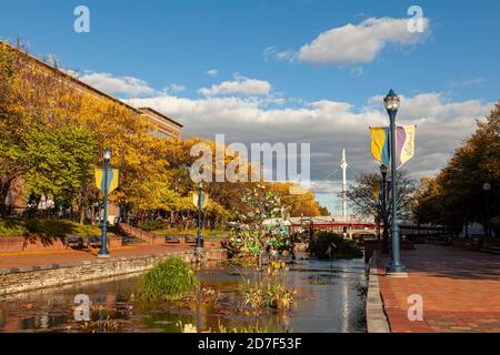Frederick, MD, USA 10/13/2020: Ein Blick am Nachmittag auf den Carroll Creek Park, Frederick im Herbst. Ein Bach fließt durch kopfsteingepflasterte Straßen, wo Menschen Stockfoto