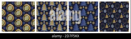 Weihnachten abstrakte Geometrie Bälle und Weihnachtsbäume. Gold geometrische nahtlose Muster auf dunkelblauem Hintergrund Stock Vektor