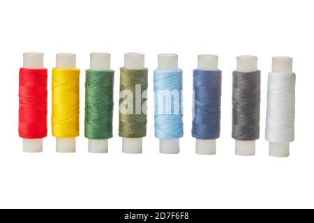 Set von bunten Spulen von Thread Close Up Stockfoto