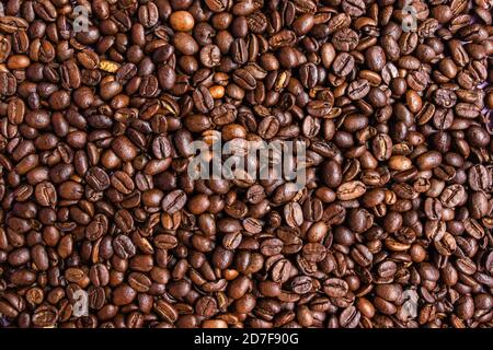 Dunkle geröstete Kaffeebohnen Muster Hintergrund, Draufsicht, flach legen Stockfoto