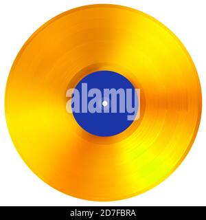 Gold VINYL Musik Disc Award isoliert. Leeres blaues Etikett, Modell. Stockfoto