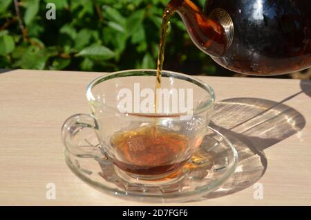 Ein Mädchen gießt Tee aus einer transparenten Teekanne in eine transparente Tasse vor einem Hintergrund von grünem Laub Guten Morgen, Café im Freien, Energieschub. Tee Stockfoto