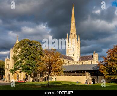 Norwich Cathedral Norwich, Norfolk UK - die Arbeiten an der Norwich Cathedral begannen 1096, abgeschlossen 1145. Kathedrale Kirche der Heiligen und ungeteilten Dreifaltigkeit. Stockfoto