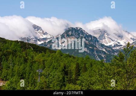 Die Julischen Alpen vom Vogel Skigebiet, Bohinjer See, Slowenien Stockfoto