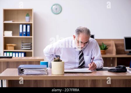 Alter Mitarbeiter, der am Arbeitsplatz an einer Radikulitis leidet Stockfoto