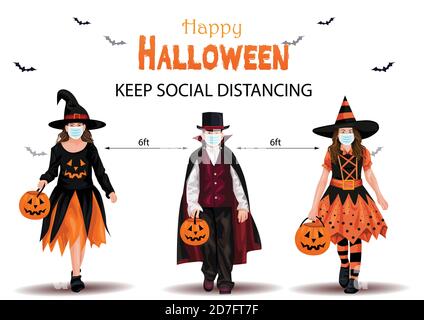 Kinder gehen auf Halloween Trick or Treat. Halloween Kostüme mit Süßigkeiten Taschen. Halten soziale Distanzierung. vektor-Illustration. Covid Corona Konzept Stock Vektor