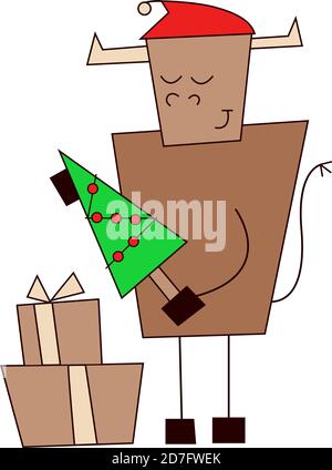 Frohe Weihnachten und ein glückliches neues Jahr 2021. OX-Jahr. Lustige Vektor-Stier mit Geschenken und weihnachtsbaum isoliert auf weiß. Männliche Kuh im roten Weihnachtsmann Stock Vektor