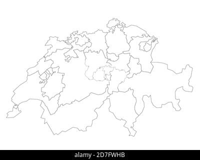 Leere politische Karte der Schweiz. Verwaltungsabteilungen - Kantone. Einfache schwarze Umrisskarte. Stock Vektor