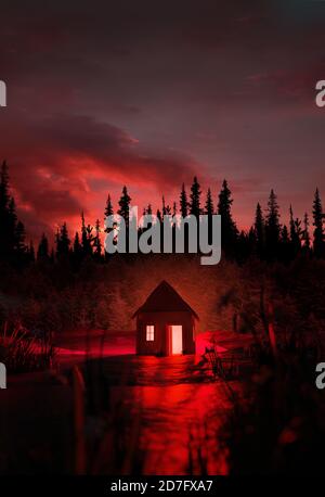 Ein Mann steht vor einer gruseligen rot glühenden verlassenen Hütte, isoliert in der Geige eines geheimnisvollen und gespenstischen Waldes. 3D-Illustration Stockfoto