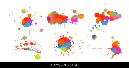 Mehrfarbige Farbflecken auf weißem Hintergrund einstellen. Grunge Rahmen der Farbe. Gemischte Medien. Vektorgrafik. Stock Vektor