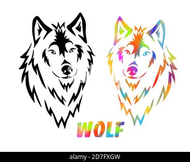 Wolf Gesicht Logo Emblem Vorlage Maskottchen Symbol für Business oder Shirt-Design. T-Shirt-Druck. Gemischte Medien. Vektor Vintage Design Element. Stock Vektor